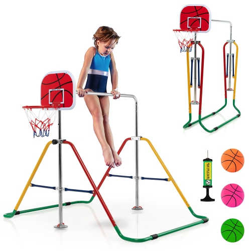 GYMAX  Kids Folding Horizontal Bar Adjustable Training Gymnastics Bar W/ Basketball Hoop