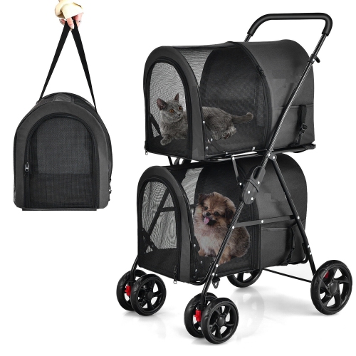 GYMAX  4-In-1 Double Pet Stroller W/ Detachable Carrier Travel Carriage for Cats In Black