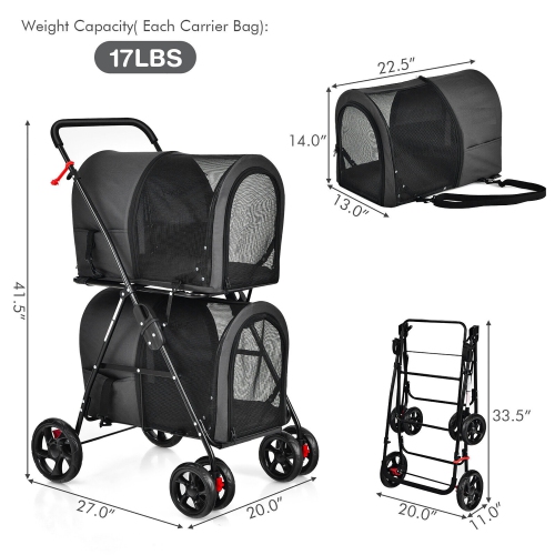 Gymax 4-in-1 Double Pet Stroller w/ Detachable Carrier Travel Carriage for Cats Black