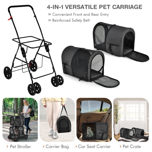 Gymax 4-in-1 Double Pet Stroller w/ Detachable Carrier Travel Carriage for Cats Black