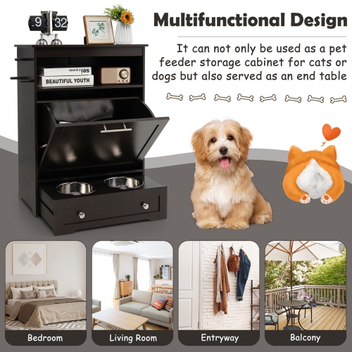 Gymax Pet Feeding Station Furniture w/ Double Pull Out Dog Bowl Food Cabinet