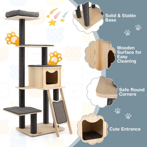 Gymax 69 in Modern Wood Cat Tree 5-Tier Tall Cat Tower w/ Washable Cushions