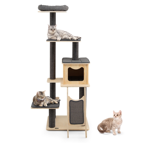 Gymax 69 in Modern Wood Cat Tree 5-Tier Tall Cat Tower w/ Washable Cushions