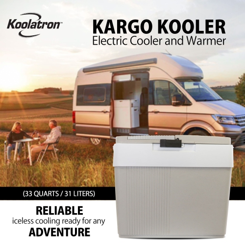 Koolatron Thermoelectric Iceless 12V Cooler/Warmer 33 qt, Electric Portable Car Fridge w/ 12 Volt DC Power Cord, Dual Opening, Grey/White, Travel