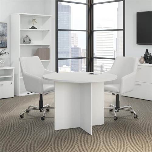 42W Round Conference Table with Wood Base in White - Engineered Wood