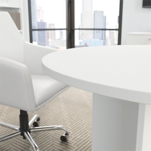 42W Round Conference Table with Wood Base in White - Engineered Wood