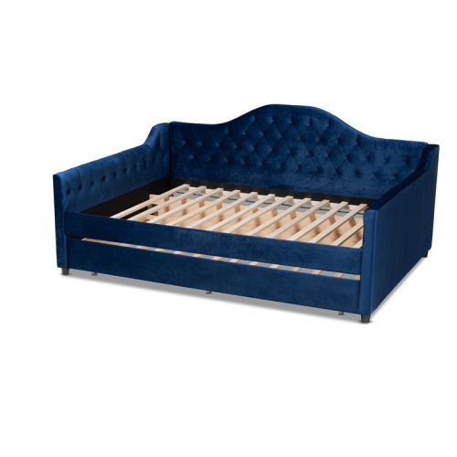 Baxton Studio Perry Velvet Upholstered Queen Daybed with Trundle in Blue