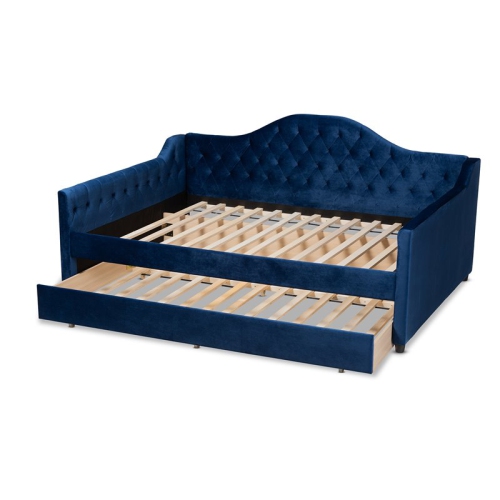 Baxton Studio Perry Velvet Upholstered Queen Daybed with Trundle in Blue