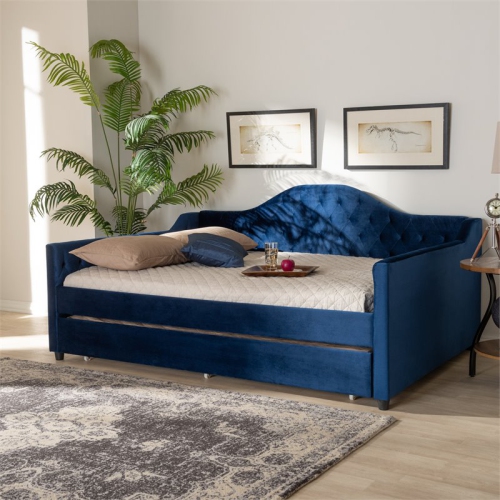 Baxton Studio Perry Velvet Upholstered Queen Daybed with Trundle in Blue