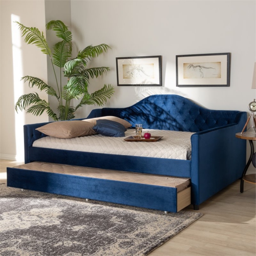 Baxton Studio Perry Velvet Upholstered Queen Daybed with Trundle in Blue