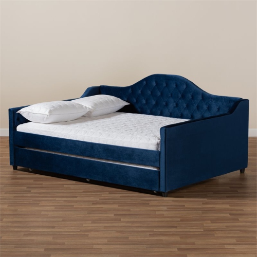 Baxton Studio Perry Velvet Upholstered Queen Daybed with Trundle in Blue