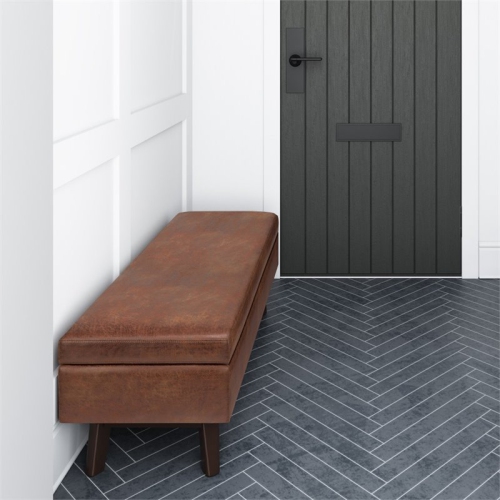 Simpli Home Owen 48" Faux Leather Mid Century Storage Ottoman in Saddle Brown