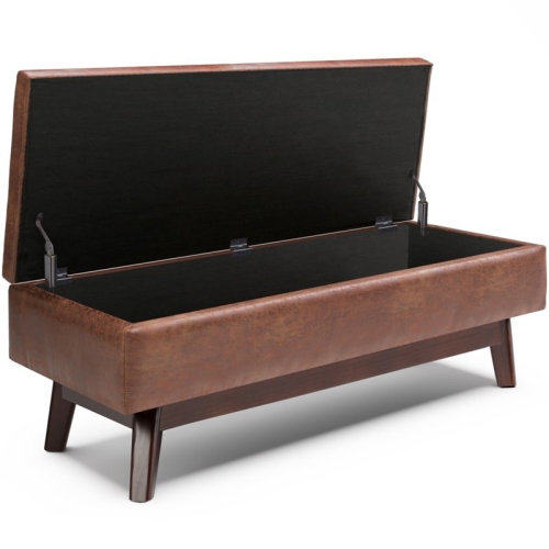 Simpli Home Owen 48" Faux Leather Mid Century Storage Ottoman in Saddle Brown