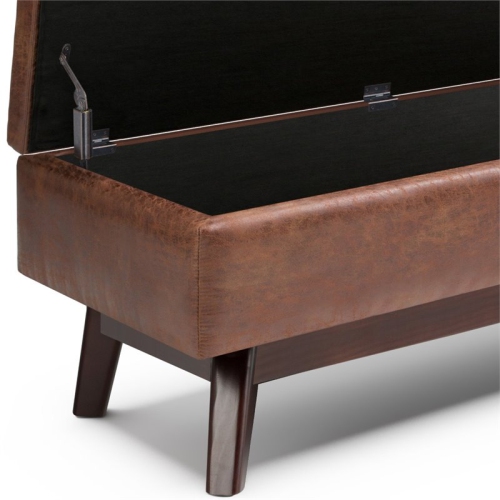 Simpli Home Owen 48" Faux Leather Mid Century Storage Ottoman in Saddle Brown