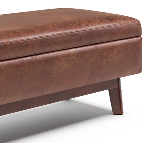 Simpli Home Owen 48" Faux Leather Mid Century Storage Ottoman in Saddle Brown