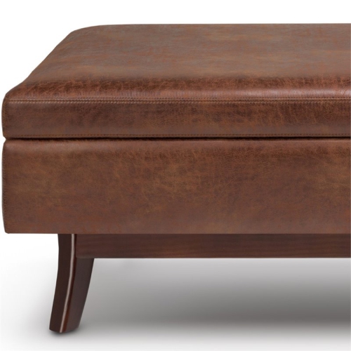 Simpli Home Owen 48" Faux Leather Mid Century Storage Ottoman in Saddle Brown