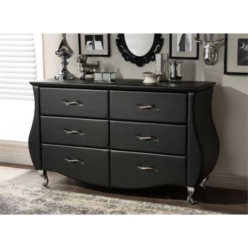 Baxton Studio Enzo 6 Drawer Faux Leather Double Dresser in Black