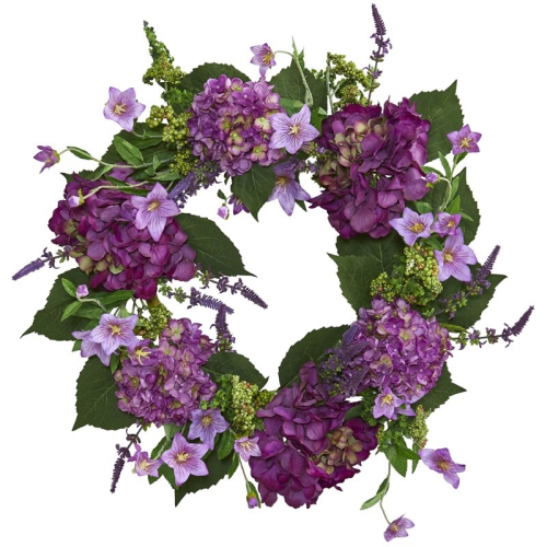 NEARLY NATURAL  24" Hydrangea Artificial Wreath With Lush Leaves In Dark In Purple