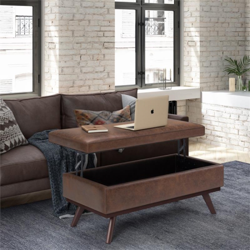 Owen 42in.W Lift top Coffee Table in Distressed Chestnut Brown Faux Leather