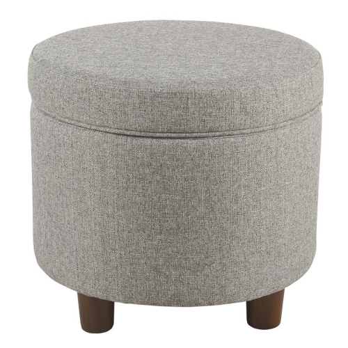 HomePop Round Transitional Wood and Fabric Storage Ottoman in Light Gray