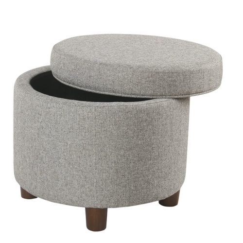 HomePop Round Transitional Wood and Fabric Storage Ottoman in Light Gray