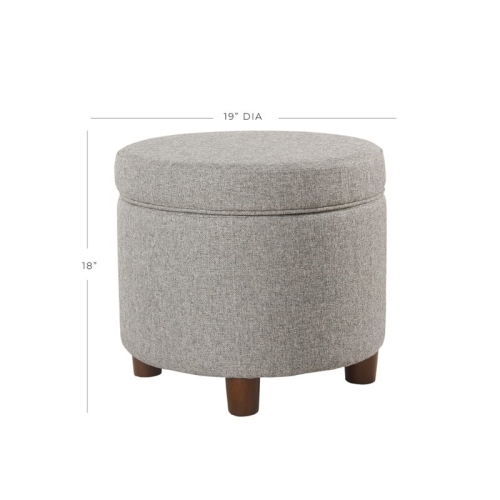 HomePop Round Transitional Wood and Fabric Storage Ottoman in Light Gray