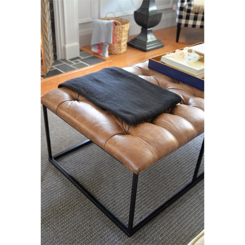 HomePop Draper Modern Faux Leather Large Ottoman with Button Tufting in Brown