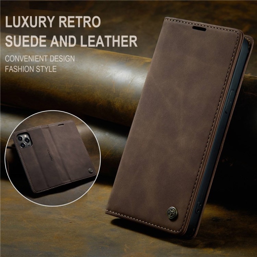 CASEME  Wallet Case Anti-Fall Retro Handmade Leather Magnetic Case Card Slot for Iphone 14 (Coffee)