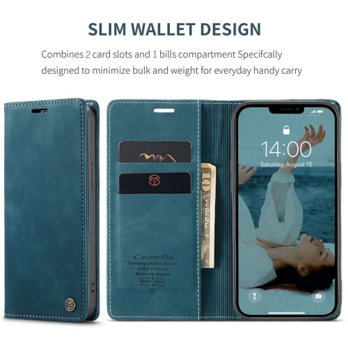 CaseMe Magnetic Stand Flip Protective Cover Leather Flip Cover Purse Style with ID & Credit Card Slots Holder for iPhone 14 PRO - Cyan