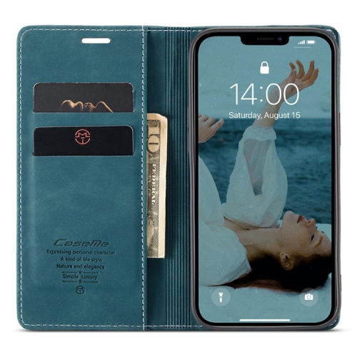 CaseMe Magnetic Stand Flip Protective Cover Leather Flip Cover Purse Style with ID & Credit Card Slots Holder for iPhone 14 PRO - Cyan