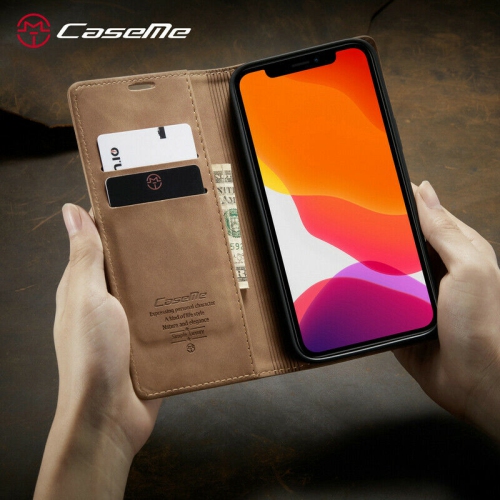 CaseMe Magnetic Stand Flip Protective Cover Leather Flip Cover Purse Style with ID & Credit Card Slots Holder for iPhone 14 - Brown