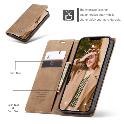 CaseMe Magnetic Stand Flip Protective Cover Leather Flip Cover Purse Style with ID & Credit Card Slots Holder for iPhone 14 - Brown