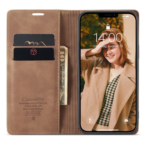CaseMe Magnetic Stand Flip Protective Cover Leather Flip Cover Purse Style with ID & Credit Card Slots Holder for iPhone 14 - Brown