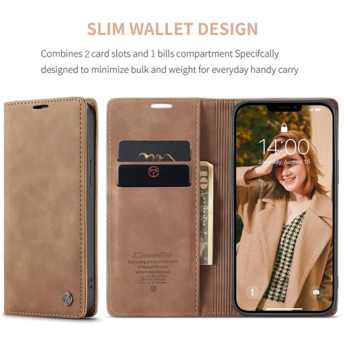 CaseMe Magnetic Stand Flip Protective Cover Leather Flip Cover Purse Style with ID & Credit Card Slots Holder for iPhone 14 - Brown