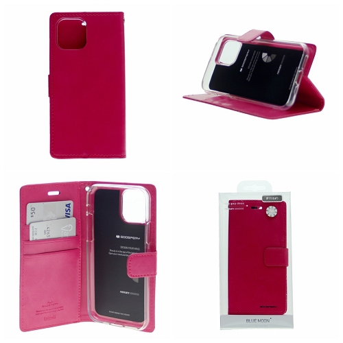 TopSave Goospery Bluemoon Card Slot w/Magnetic Clip Leather Folio Wallet Flip For iPhone 14 Pro Max, Hot Pink