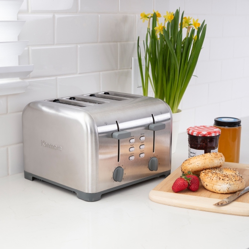 Kenmore 4-Slice Toaster, Stainless Steel, Dual Controls, Extra Wide Slots, Bagel and Defrost Functions, 9 Browning Levels, Removable Crumb Trays, for