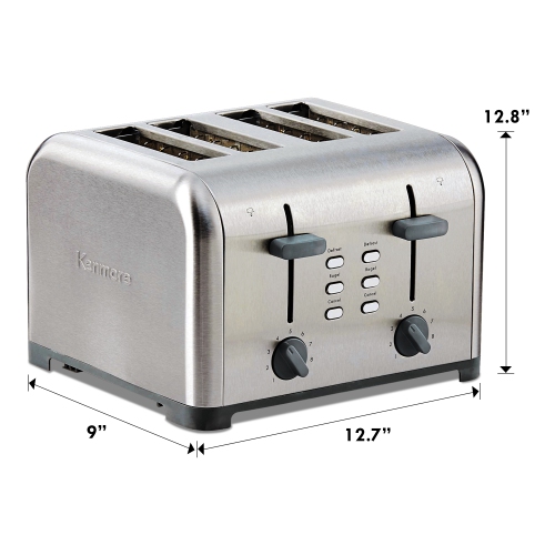 Kenmore 4-Slice Toaster, Stainless Steel, Dual Controls, Extra Wide Slots, Bagel and Defrost Functions, 9 Browning Levels, Removable Crumb Trays, for
