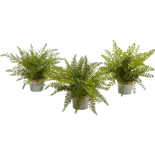 14" Assorted Ferns with Planter Artificial Plant in Green/Gray