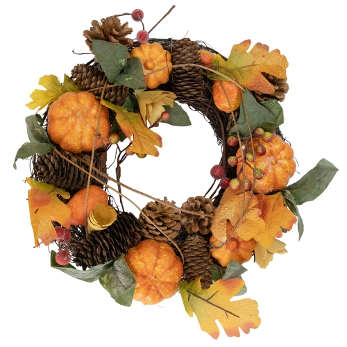 Image 1 of 3.. Pumpkin and Pinecone Autumn Harvest Wreath, 13.5-Inch, Unlit