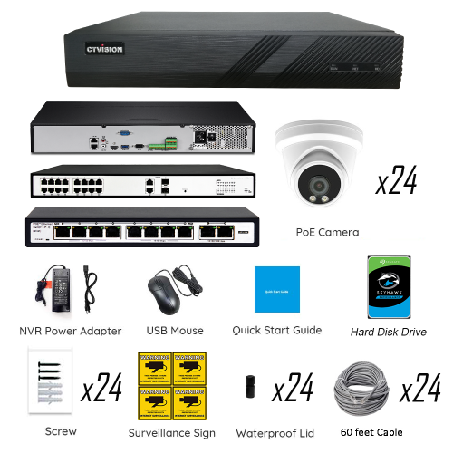 CTVISION Full Color Night Vision 4K Wired Audio Security Camera System, 24 Camera Surveillance Kit Outdoor DIY Audio 8TB HDD Included for Home