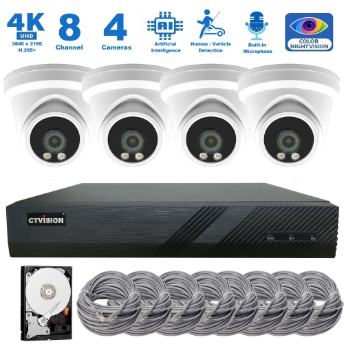 CTVISION  Full Color Night Vision 4K Wired Audio Security Camera System, 4 Camera Surveillance Kit Outdoor Diy Audio 2Tb HDD Included for Home