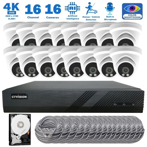 CTVISION  Full Color Night Vision 4K Wired Audio Security Camera System, 16 Camera Surveillance Kit Outdoor Diy Audio 4Tb HDD Included for Home