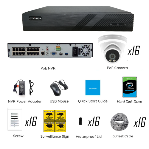 CTVISION Full Color Night Vision 4K Wired Audio Security Camera System, 16 Camera Surveillance Kit Outdoor DIY Audio 4TB HDD Included for Home