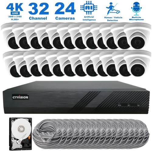 CTVISION 4K Wired Audio Security Camera System, 24 Camera Surveillance Kit Outdoor DIY Audio 8TB HDD Included for Home Business Security Camera System