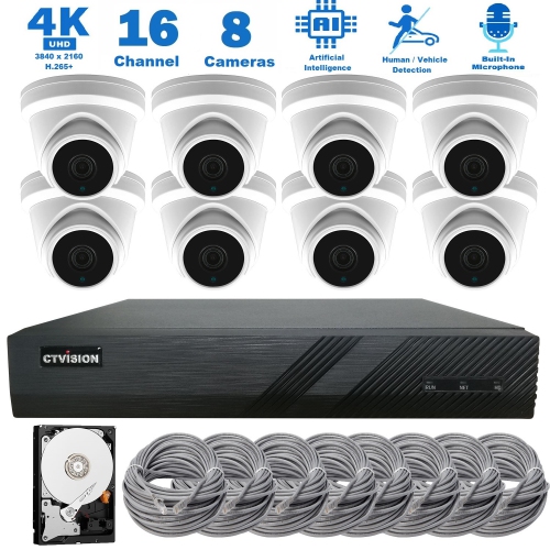 CTVISION 4K Wired Audio Security Camera System, 8 Camera Surveillance Kit Outdoor DIY Audio 2TB HDD Included for Home Business Security Camera System