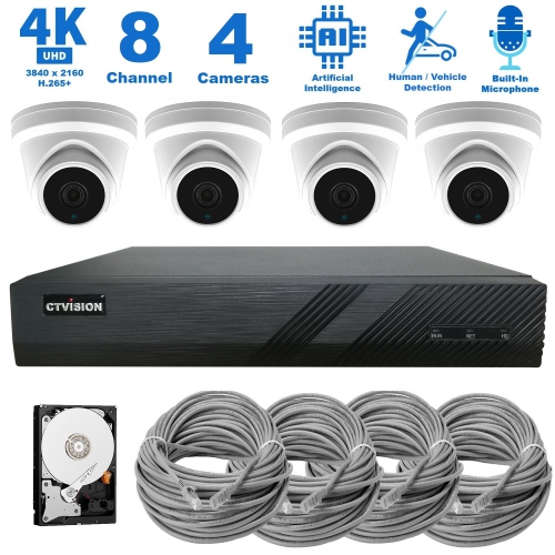 CTVISION  4K Wired Audio Security Camera System, 4 Camera Surveillance Kit Outdoor Diy Audio 2Tb HDD Included for Home Business Security Camera System