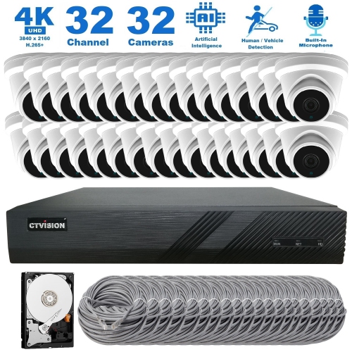 CTVISION 4K Wired Audio Security Camera System, 32 Camera Surveillance Kit Outdoor DIY Audio 8TB HDD Included for Home Business Security Camera System