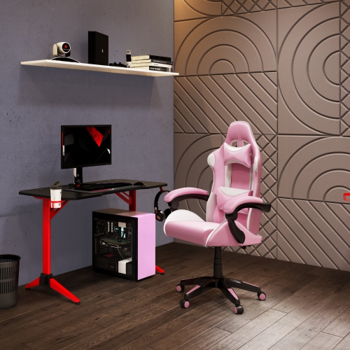 CorLiving Ravagers Comfortable Ergonomic Adjustable Gaming Chair, Pink and White