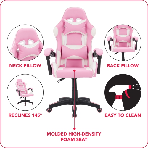 CorLiving Ravagers Comfortable Ergonomic Adjustable Gaming Chair, Pink and White