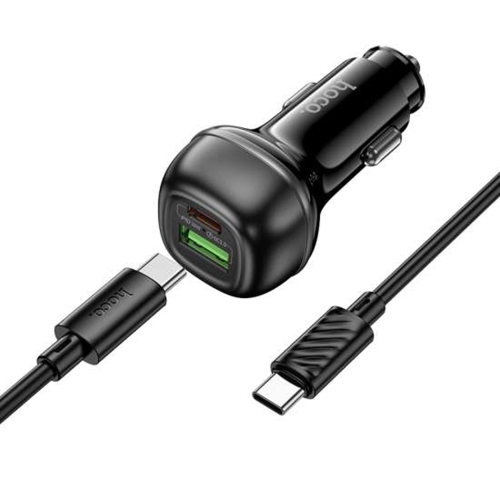 Deux ports PD 48&nbsp;W + chargeur pour l'auto QC3.0 à chargement rapide et câble USB-C à USB-C, noir